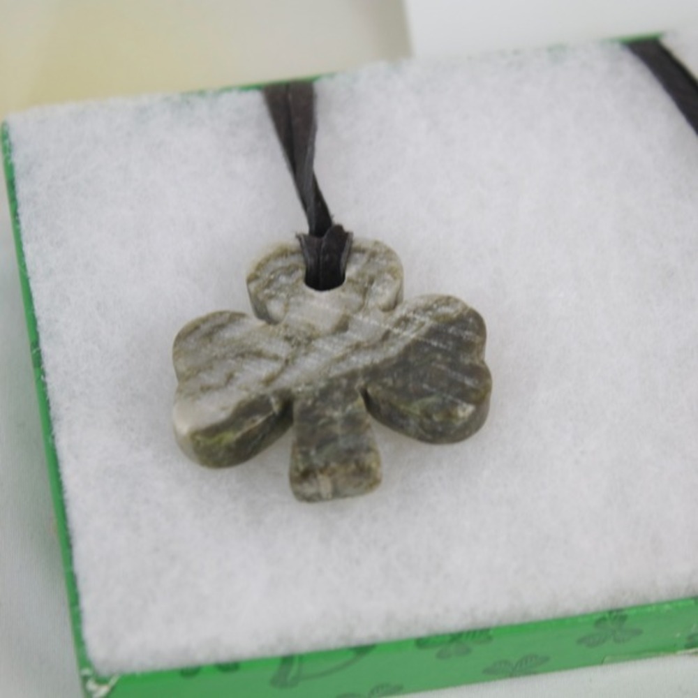 Connemara Marble Shamrock Necklace w/ Genuine Leather Cord Handmade in Ireland